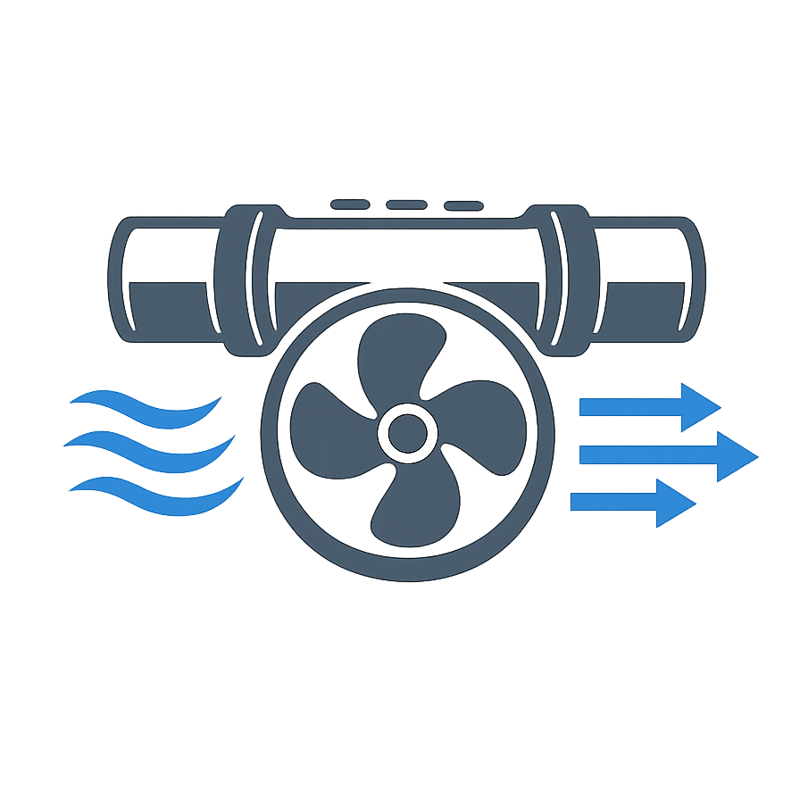 Ventilation fan with airflow arrows showing air entering and exiting