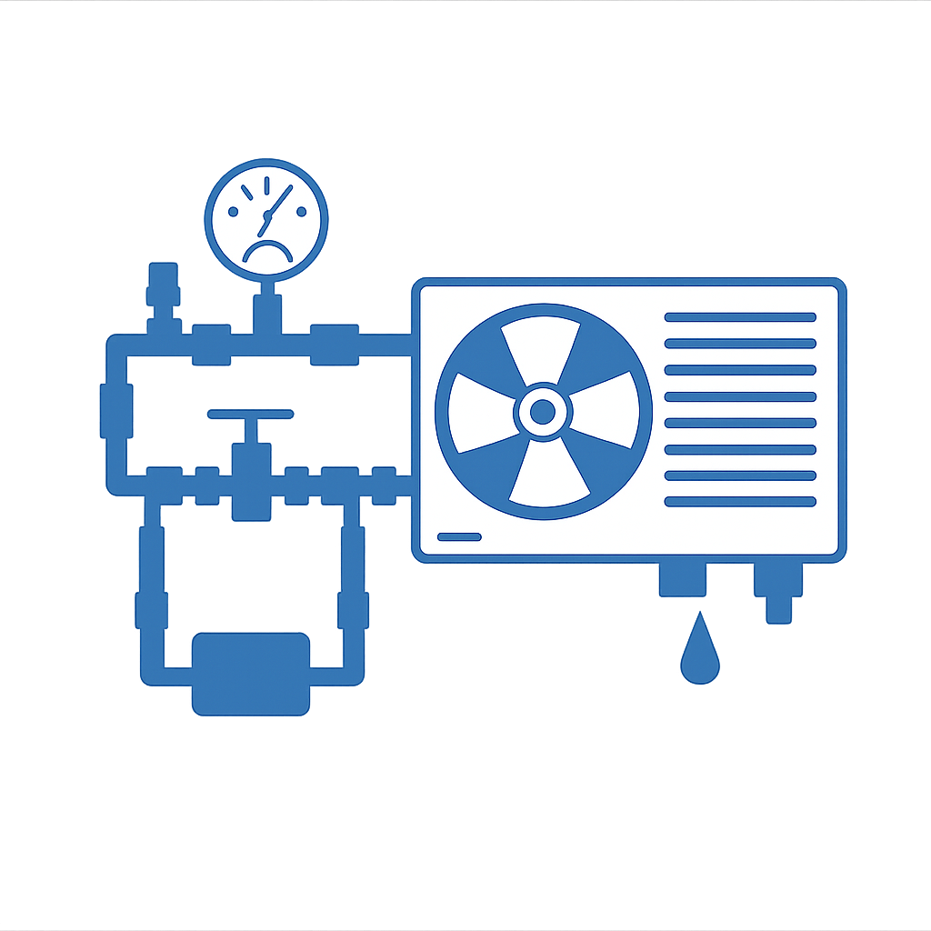 HVAC outdoor unit connected to multiple pipes with a pressure gauge and a valve